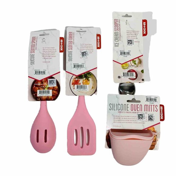 AR Cook Kitchen Utensils Retro Pink Silicone Set Turner Spoon Mitts Scooper - Picture 2 of 7